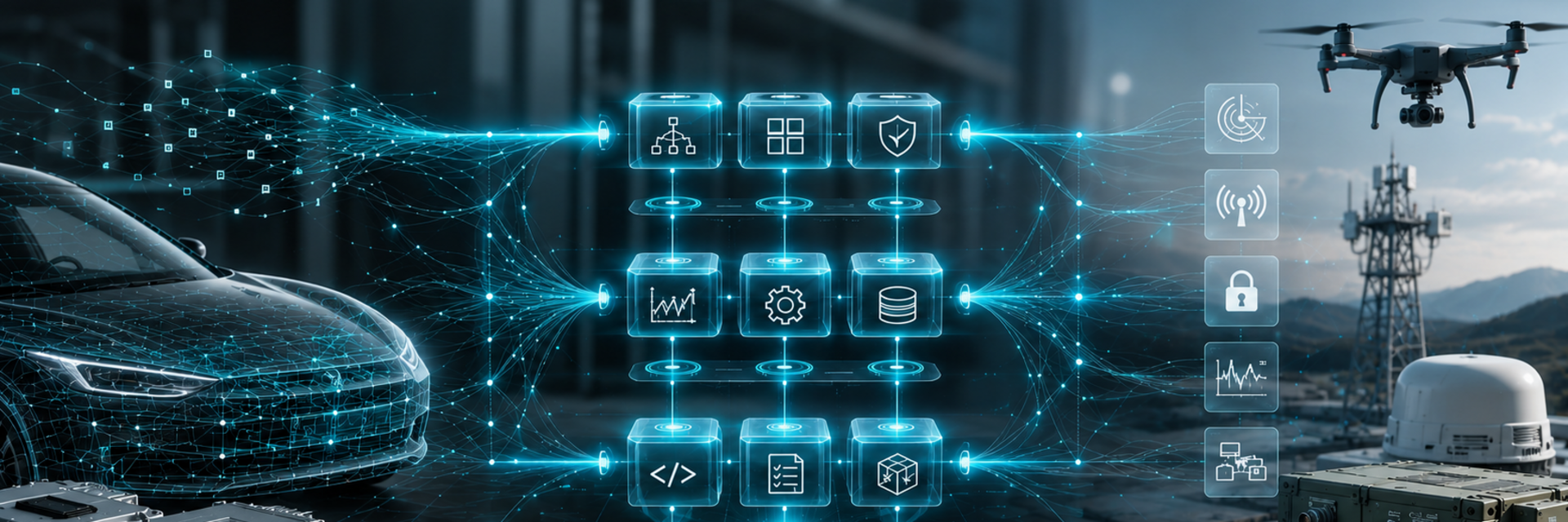 Das Bild zeigt eine zentrale, klar strukturierte digitale Systemarchitektur mit leuchtenden Modulen und Datenflüssen im Ideacon-Farbschema. Links ist ein fotorealistisches Fahrzeug mit Elektronikkomponenten dargestellt, rechts robuste Sensor- und Kommunikationssysteme sowie eine Drohne. Chaotische Datenlinien an den Rändern bündeln sich zur geordneten Mitte und symbolisieren die Beherrschung von Komplexität.