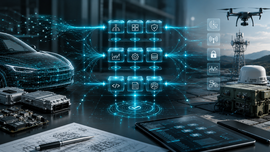 Das Bild zeigt eine zentrale, klar strukturierte digitale Systemarchitektur mit leuchtenden Modulen und Datenflüssen im Ideacon-Farbschema. Links ist ein fotorealistisches Fahrzeug mit Elektronikkomponenten dargestellt, rechts robuste Sensor- und Kommunikationssysteme sowie eine Drohne. Chaotische Datenlinien an den Rändern bündeln sich zur geordneten Mitte und symbolisieren die Beherrschung von Komplexität.